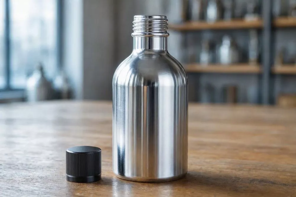 Aluminum Gloss Finish Round Spirit Bottle With 20-410 Neck Finish