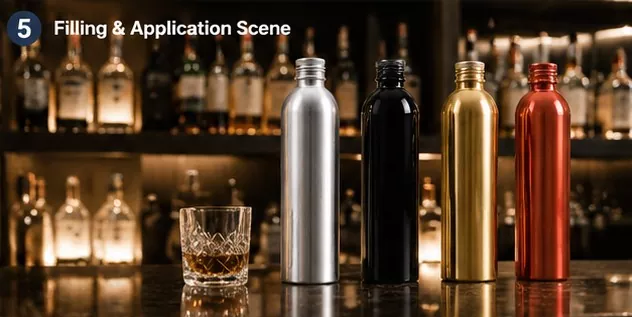 Aluminum Gloss Finish Round Spirit Bottle With 20-410 Neck Finish